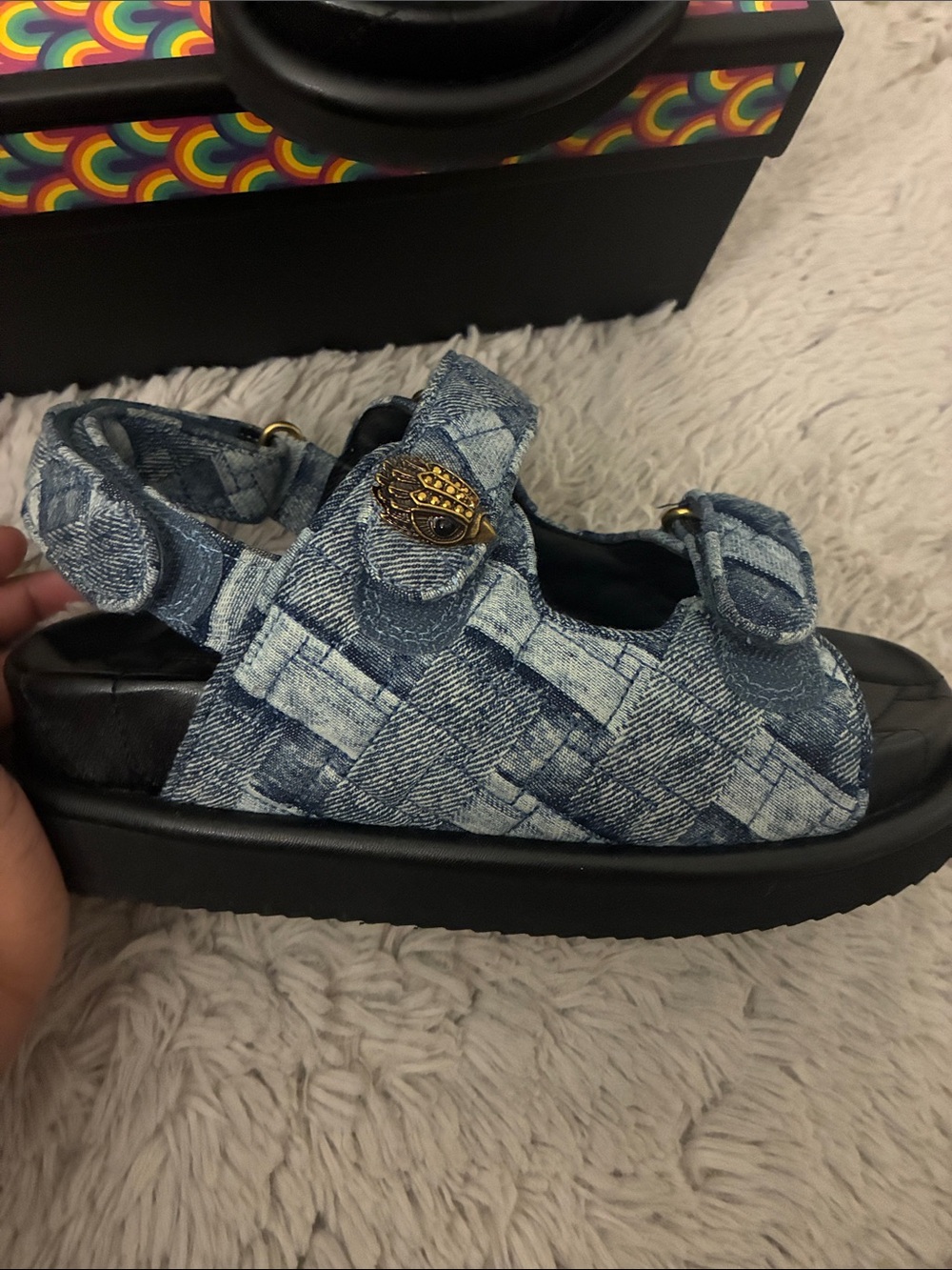 Kurt Geiger Blue Denim-Style Quilted Sandals with Gold Hardware - Picture 4 of 4